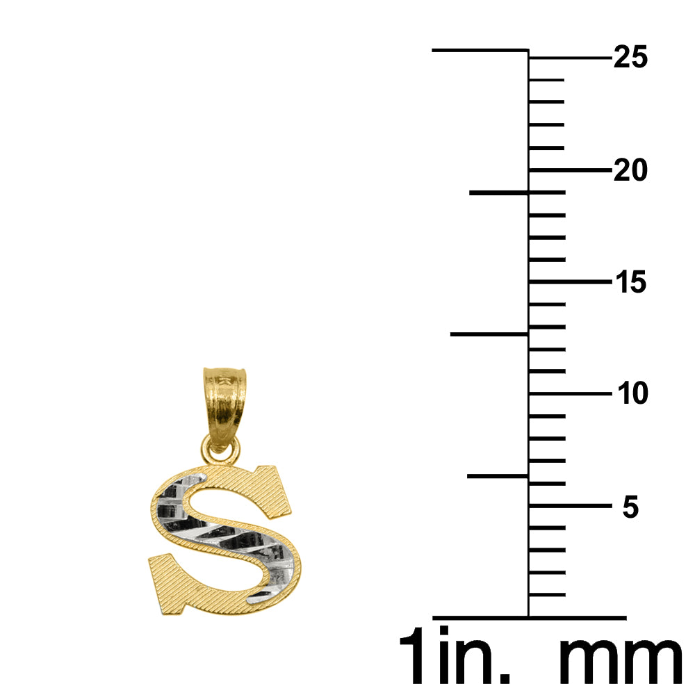 Genuine 14k Two-tone Gold 0.59" Diamond-cut Initial Block Letter 'S' Pendant For Men or Women - Gold Block Letter Charm