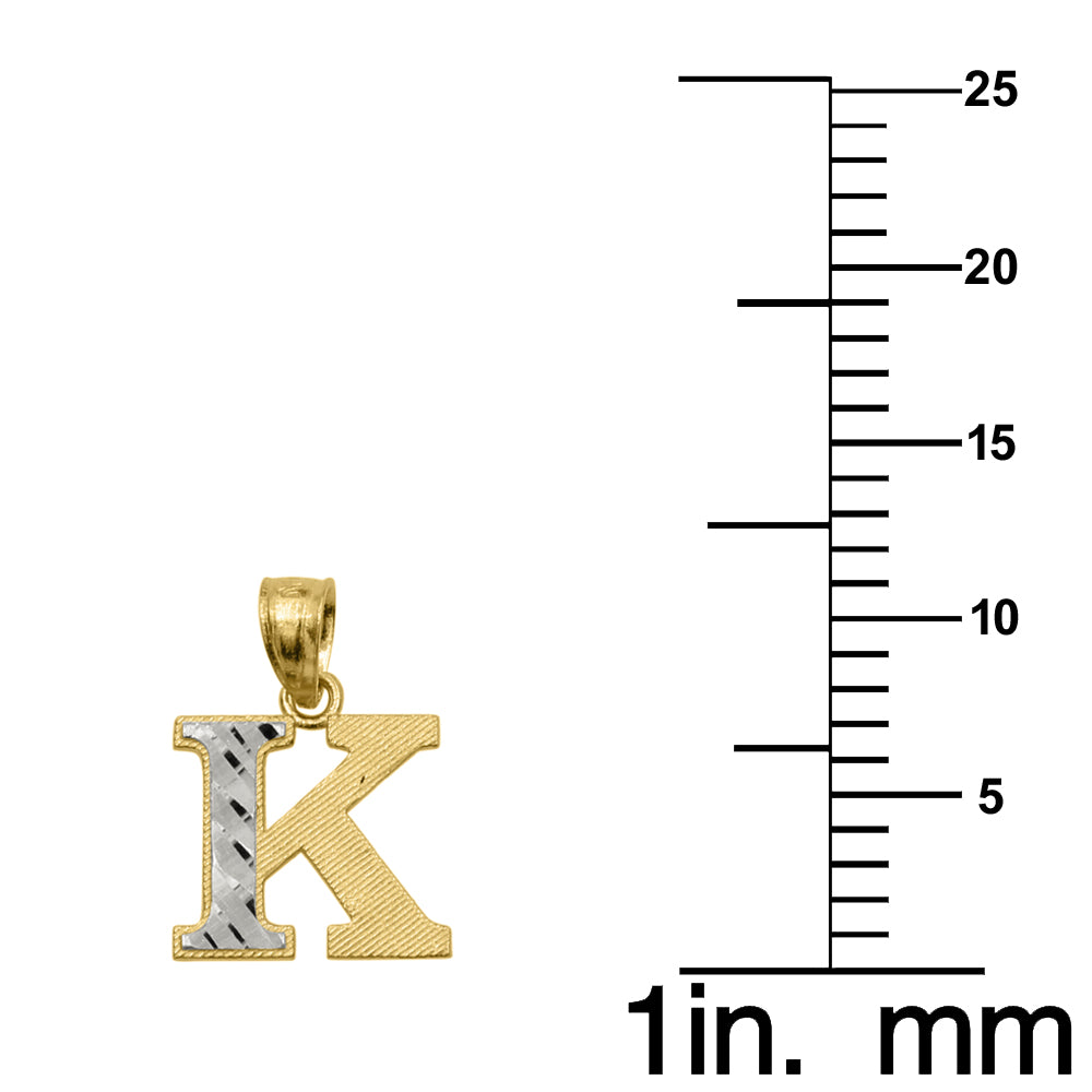 Genuine 14k Two-tone Gold 0.59" Diamond-cut Initial Block Letter 'K' Pendant For Men or Women - Gold Block Letter Charm