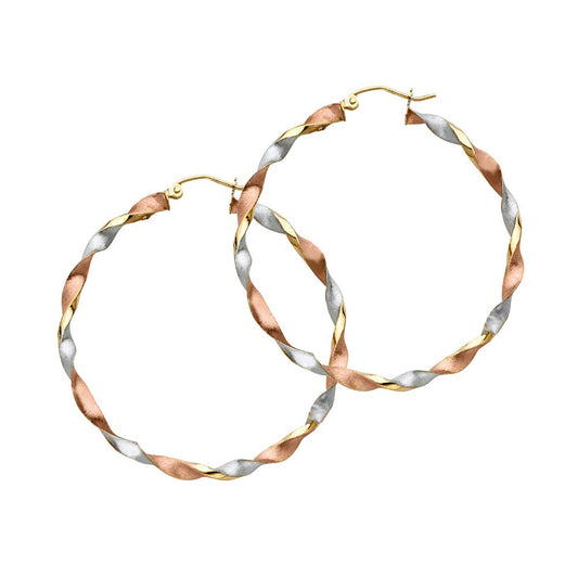 Genuine 14K Tri-tone Gold Large Twisted Hoop Earrings For Women - 35mm Diameter