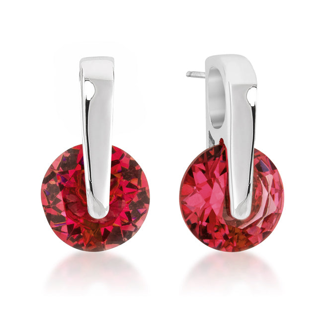 Silvertone Round Red Cubic Zirconia Suspended Drop Earrings