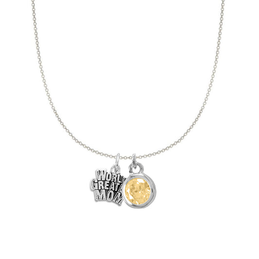 Sterling Silver World's Greatest Mom and November Birsthstone Charm Necklace