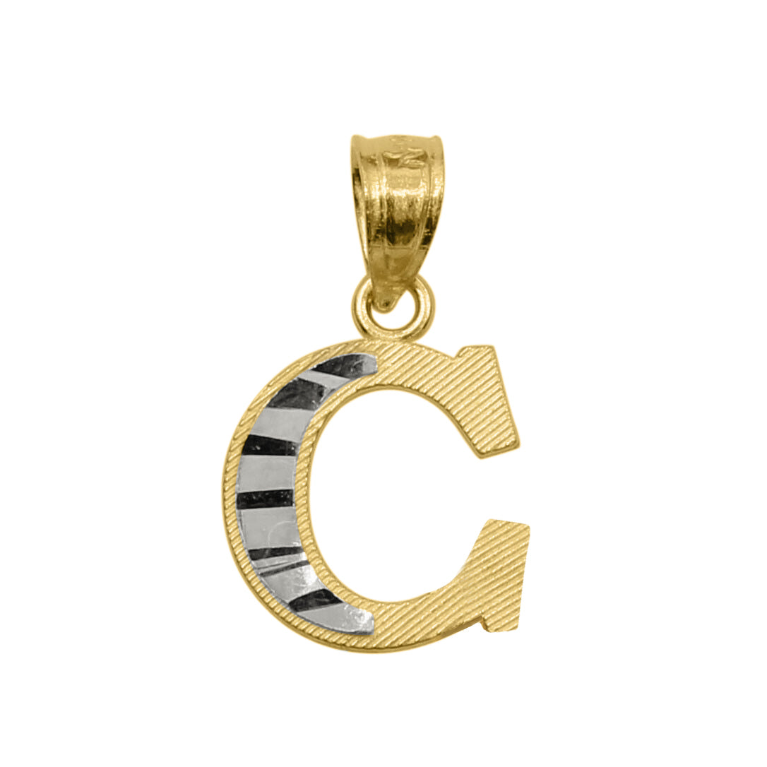 Genuine 14k Two-tone Gold 0.59" Diamond-cut Initial Block Letter 'C' Pendant For Men or Women - Gold Block Letter Charm