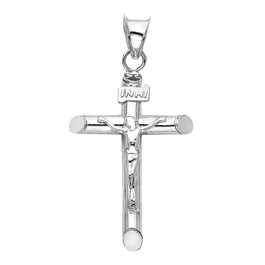 Genuine 14k White Gold 1.37" Hollow Tube Crucifix Pendant For Men or Women - Christian Jewelry, Religious Gifts