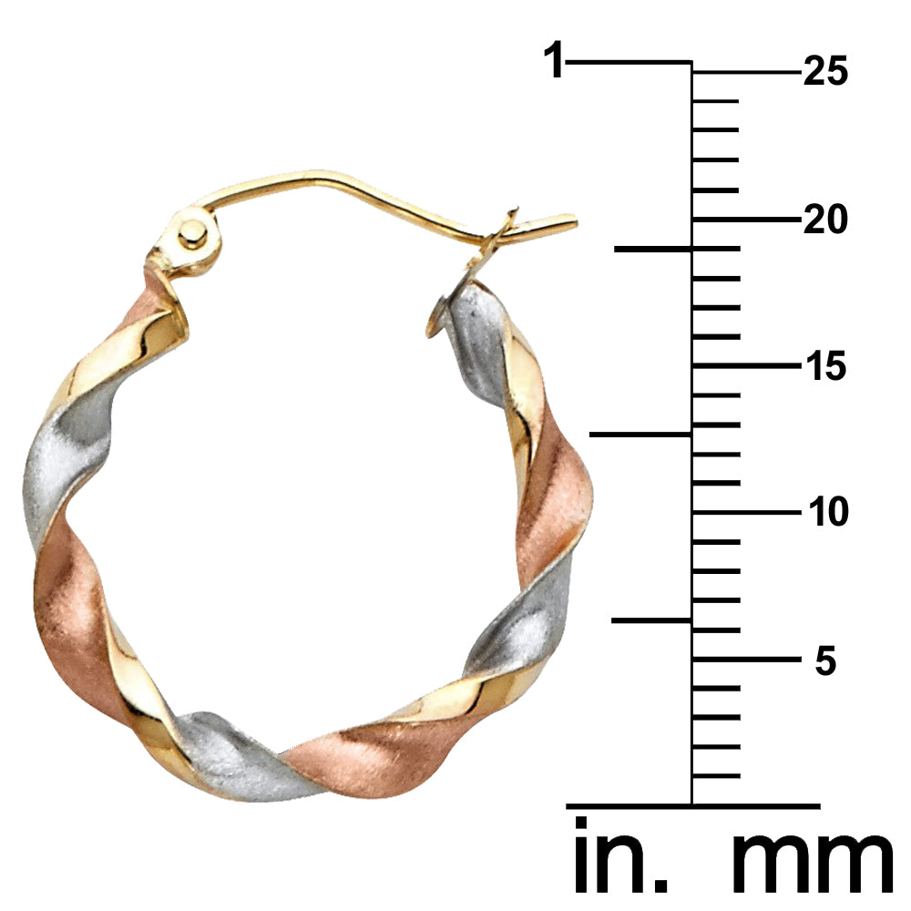 Genuine 14K Tri-tone Gold Twisted Hoop Earrings For Women - 20mm Diameter