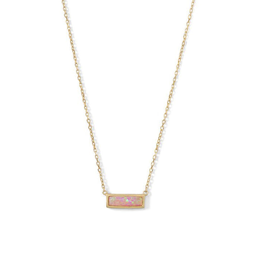 14k Yellow Gold Plated Sterling Silver Synthetic Pink Opal Bar Necklace