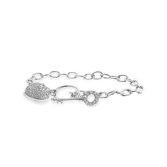 Silvertone Cubic Zirconia Heart and Key Ladies Bracelet