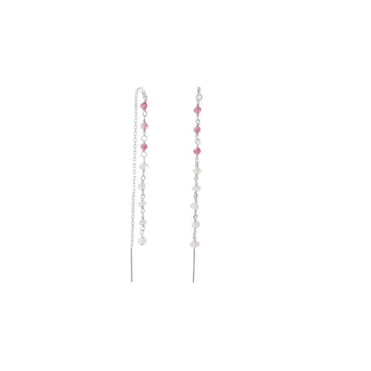 Sterling Silver Rainbow Moonstone and Pink Tourmaline Threader Earrings