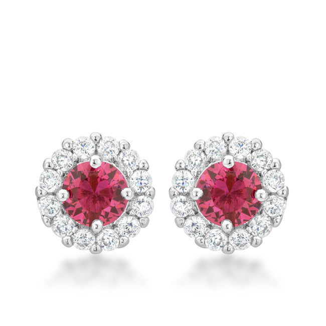 Silvertone Bright Pink Cubic Zirconia Halo Stud Earrings