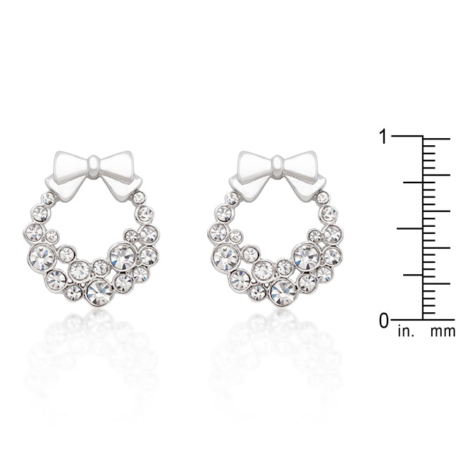 Silvertone Clear Crystal Wreath With Bow Holiday Earrings