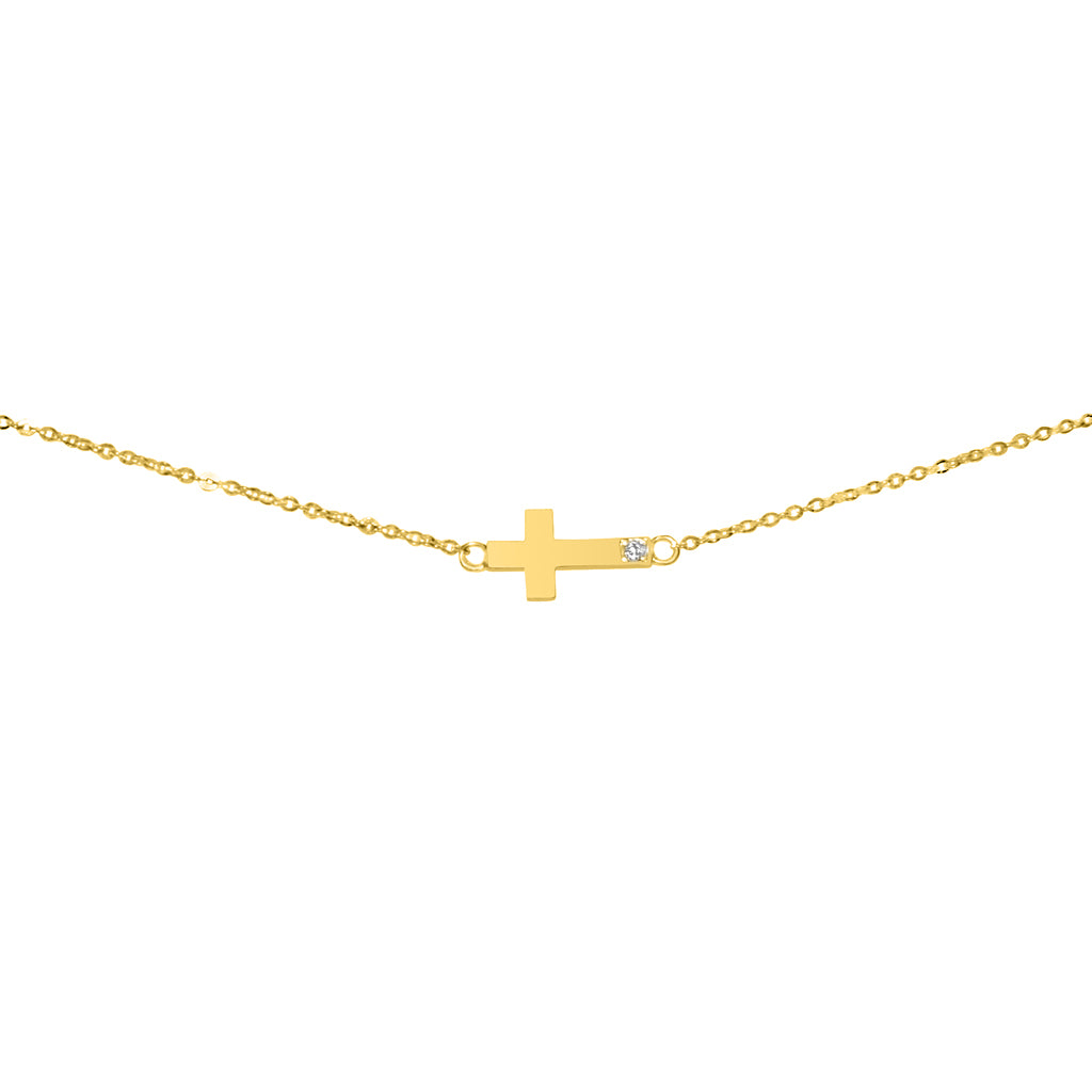 Genuine 14k Yellow Gold Cubic Zirconia CZ Sideways East-West Cross Chain 7"+1" Women's Bracelet