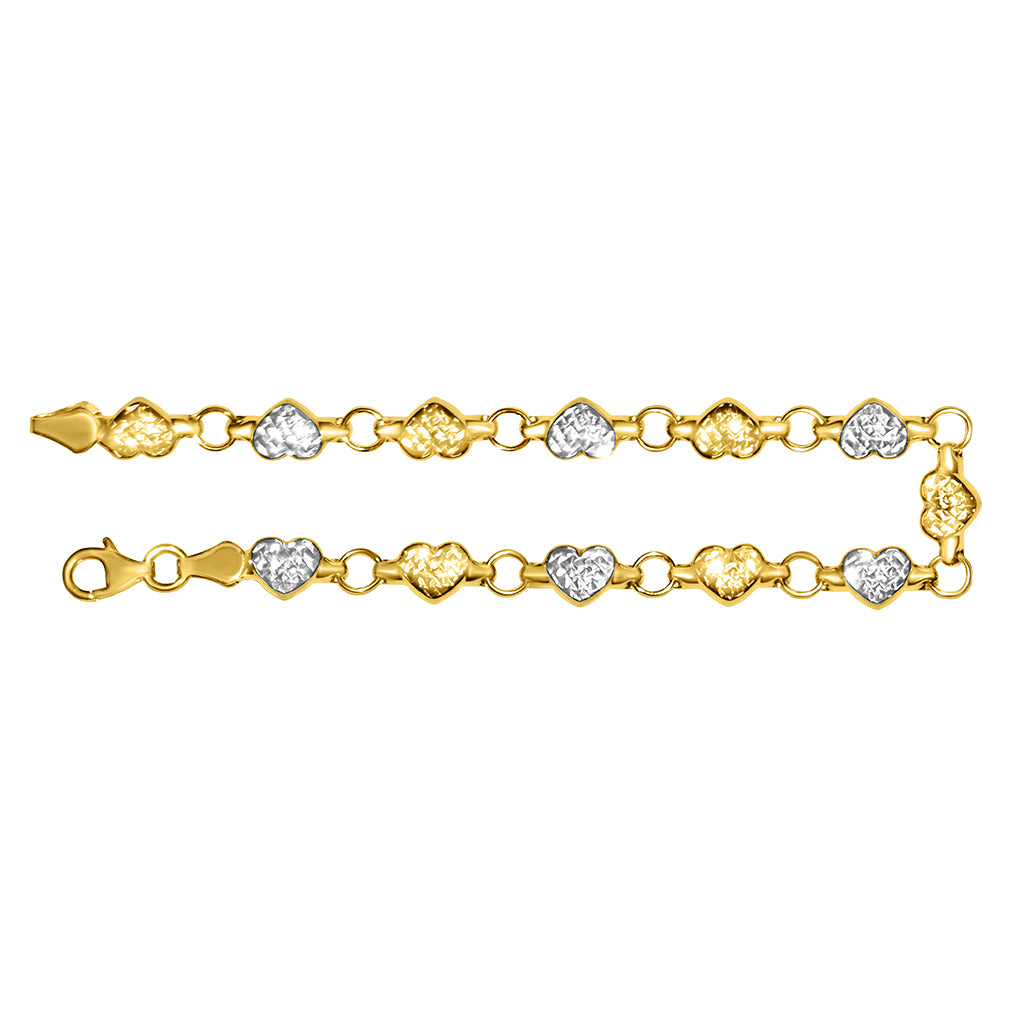 Genuine 14k Two-Tone Gold Stamped Heart 7.25" Women's Bracelet