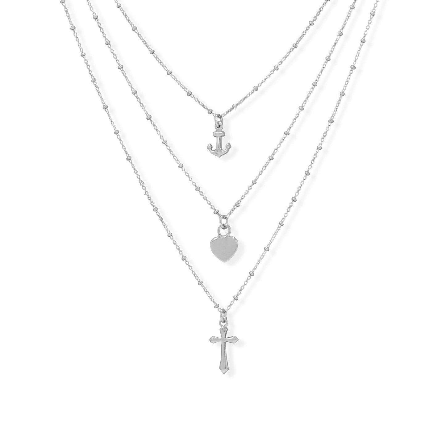 Rhodium Plated Sterling Silver Three-Strand Charm Necklace