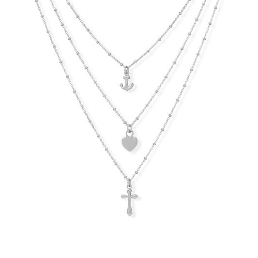 Rhodium Plated Sterling Silver Three-Strand Charm Necklace