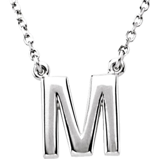 Authentic 925 Sterling Silver 0.42" Block Font Letter M 16" Initial Necklace