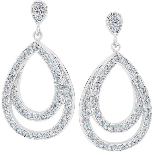 Silvertone Cubic Zirconia Double Teardrop Drop Earrings