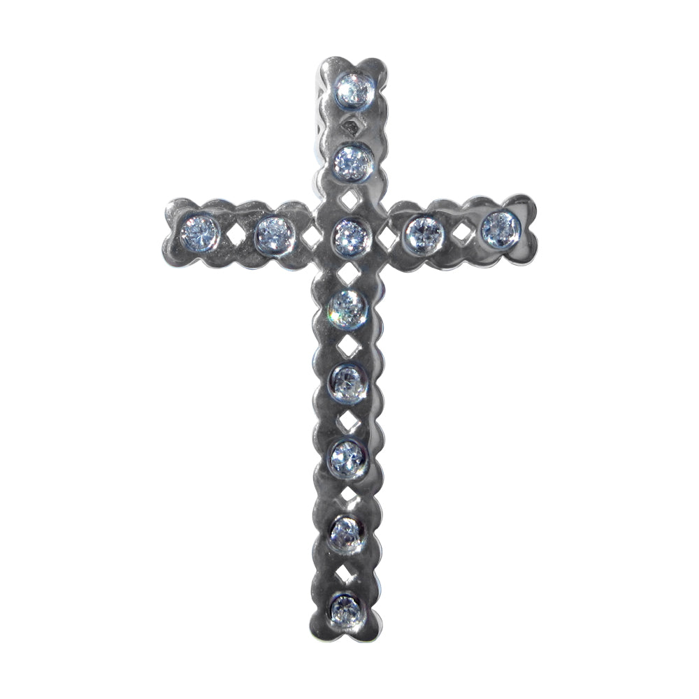 Sterling Silver .925 Bezel-Set Cubic Zirconia Roman Cross Religious Pendant