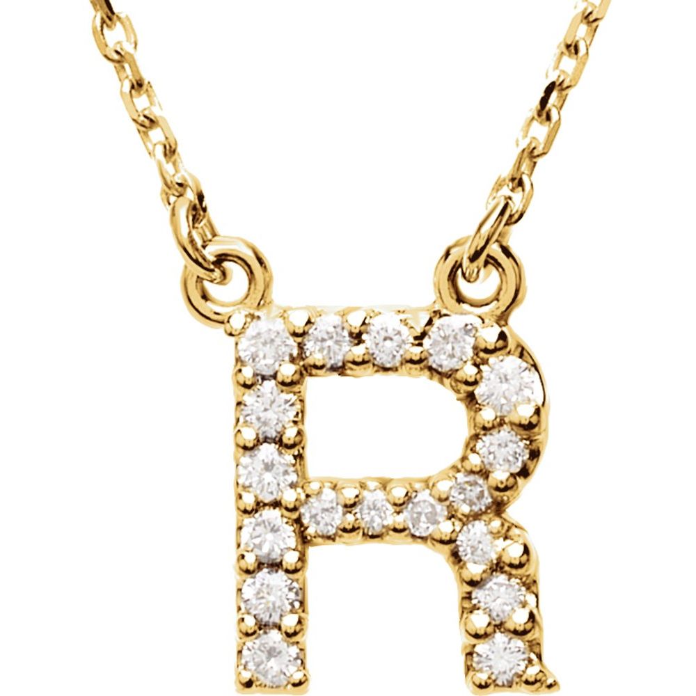 Genuine 14k Yellow Gold 1/8ct Diamond 0.35" Letter R Pendant 16" Initial Necklace