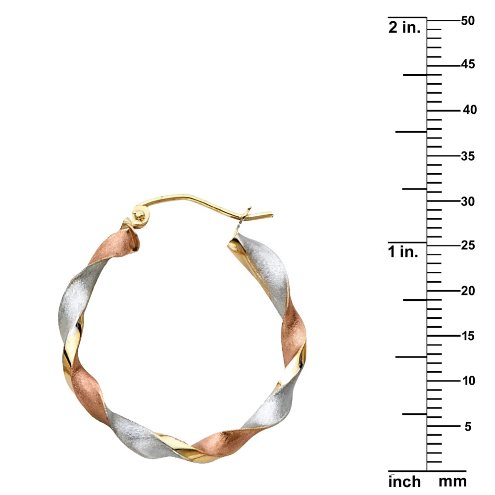 Genuine 14K Tri-tone Gold Twisted Hoop Earrings For Women - 25mm Diameter