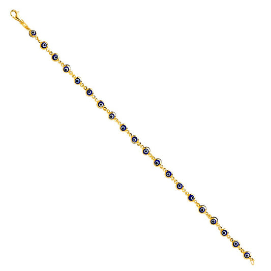 Genuine 14k Yellow Gold 4-mm Blue Enamel Evil Eye 7" Women's Bracelet