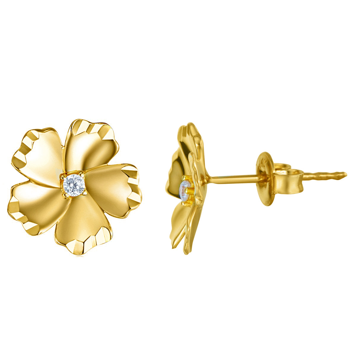 Genuine 14k Yellow Gold 9mm Cubic Zirconia CZ Flower Earring Studs for Women