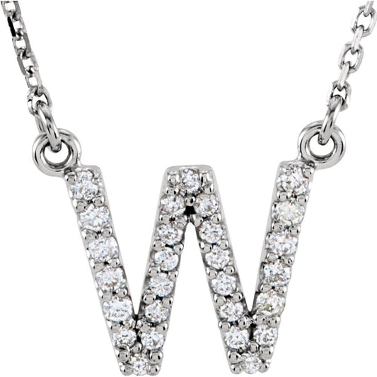 Genuine 14k White Gold 1/6ct Diamond 0.43" Letter W Pendant 16" Initial Necklace