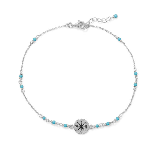 Sterling Silver Beaded Compass Charm Anklet