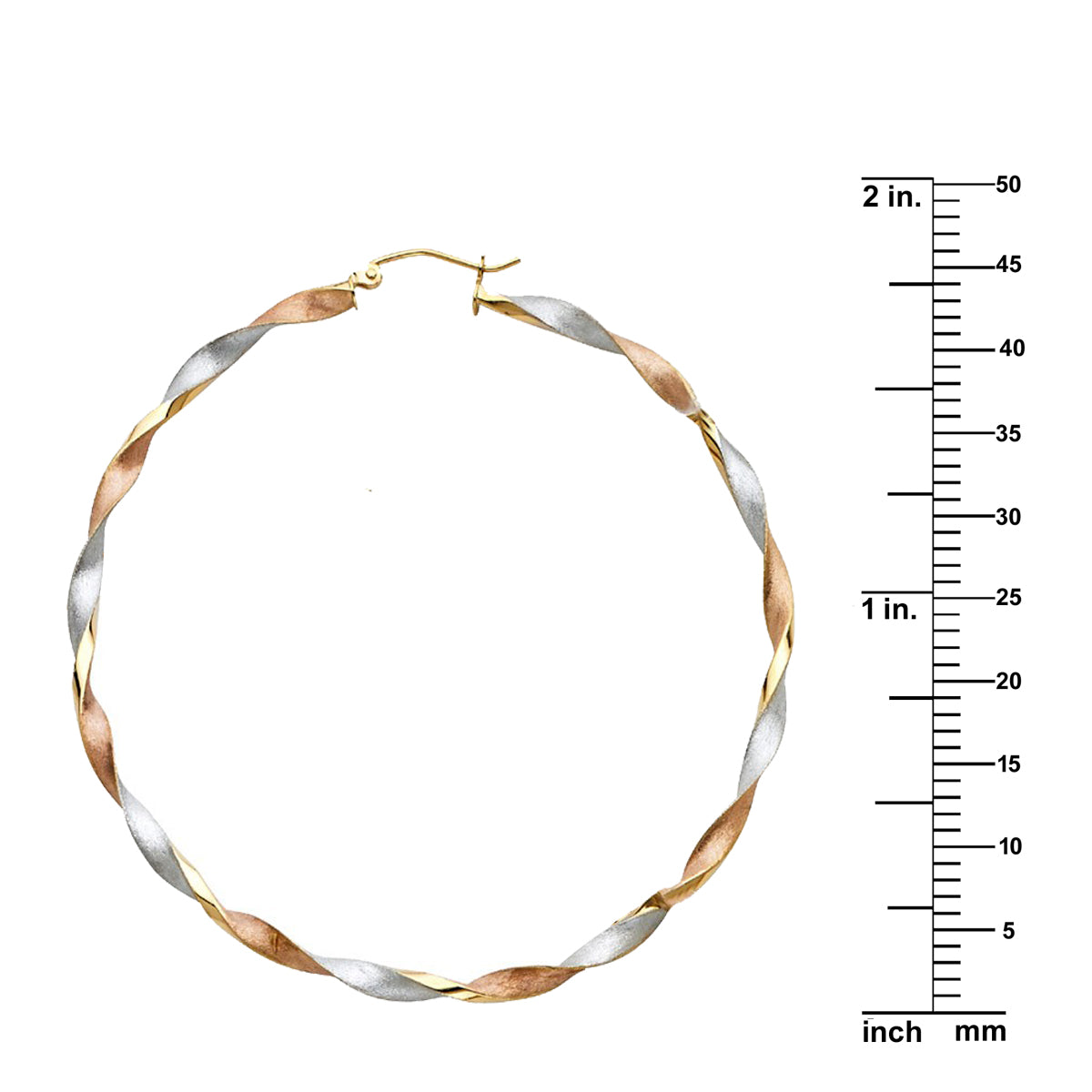 Genuine 14K Tri-tone Gold Large Twisted Hoop Earrings For Women - 45mm Diameter