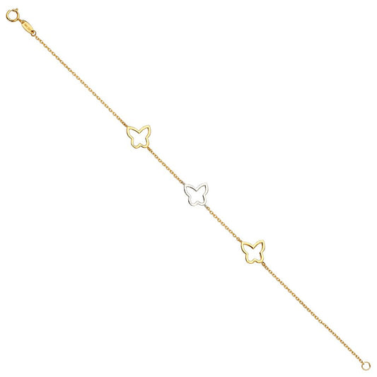 Genuine 14k Tri-Tone Gold Butterfly Charm Chain 7"+1" Women's Bracelet