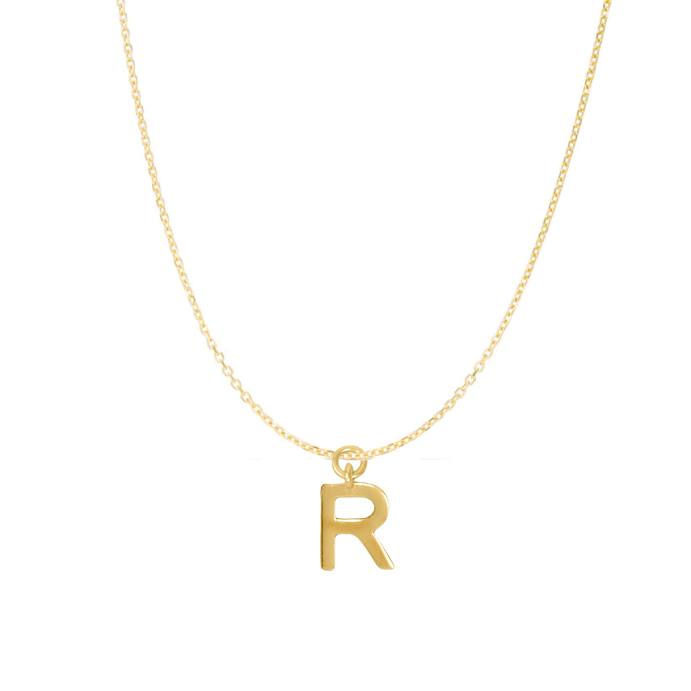 14K Goldplated Sterling Silver Polished "R" Charm With Goldfilled 1.5mm Cable Chain