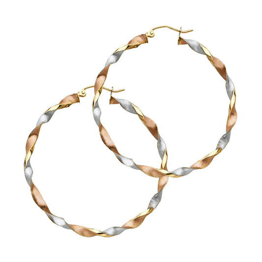 Genuine 14K Tri-tone Gold Large Twisted Hoop Earrings For Women - 45mm Diameter