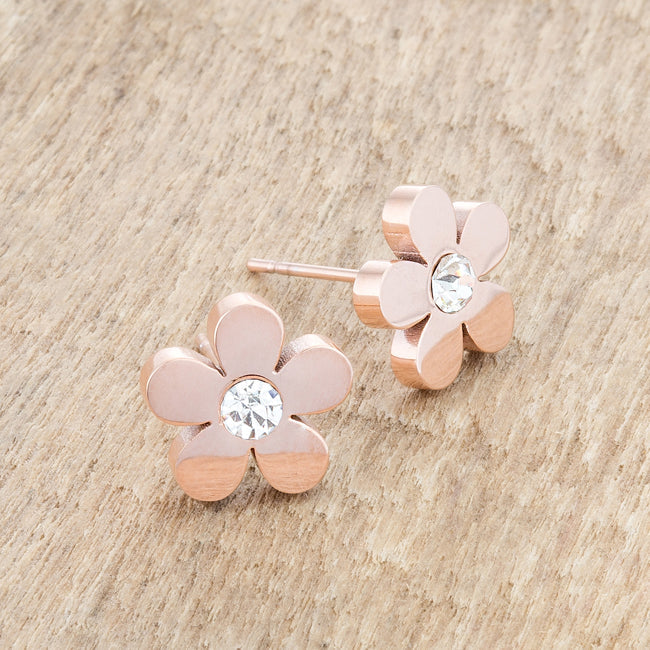 Rose Goldtone Stainless Steel Cubic Zirconia Flower Earrings Studs