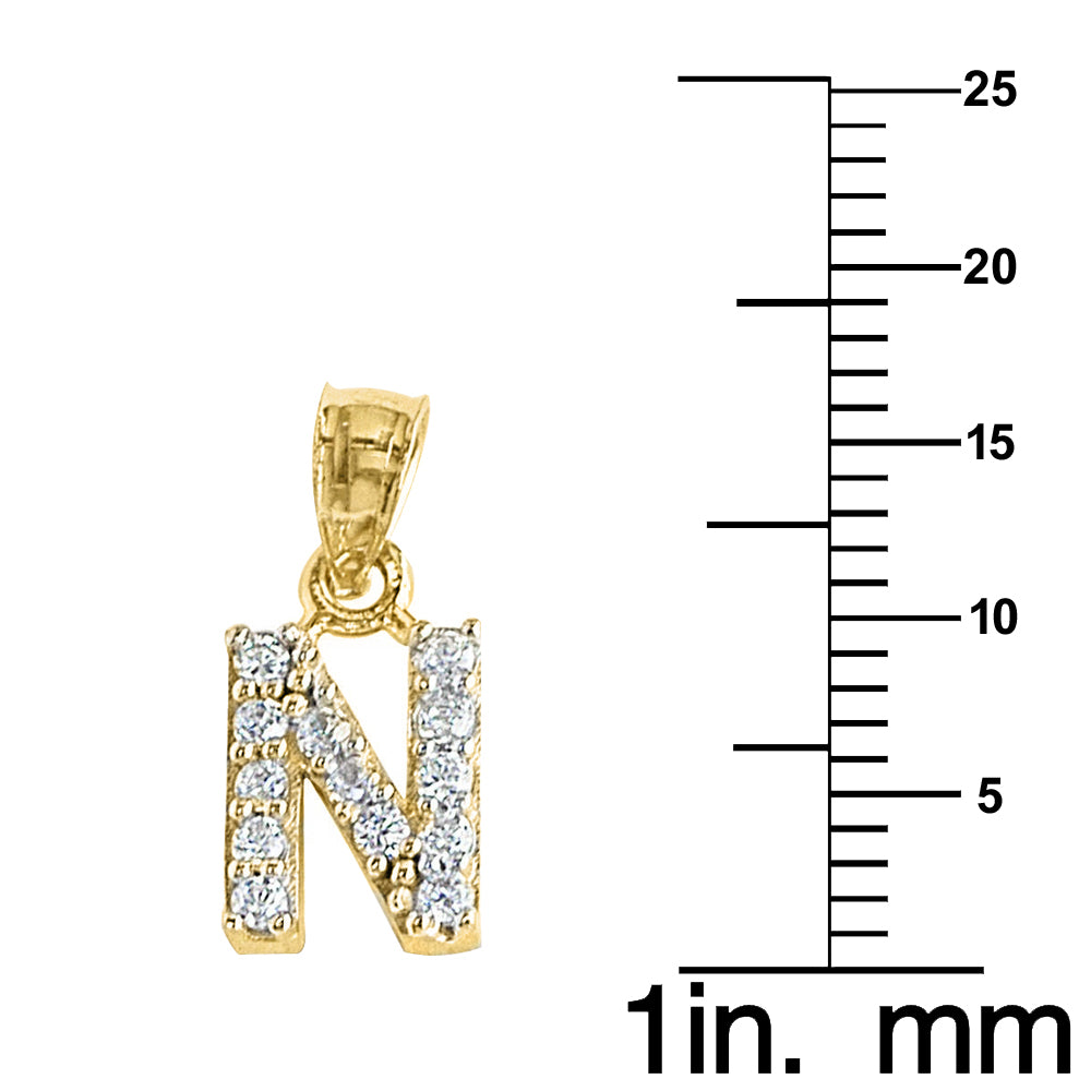 Genuine 14k Yellow Gold 0.59" Cubic Zirconia CZ Initial Block Letter 'N' Pendant for Men or Women - Gold Letter Charm