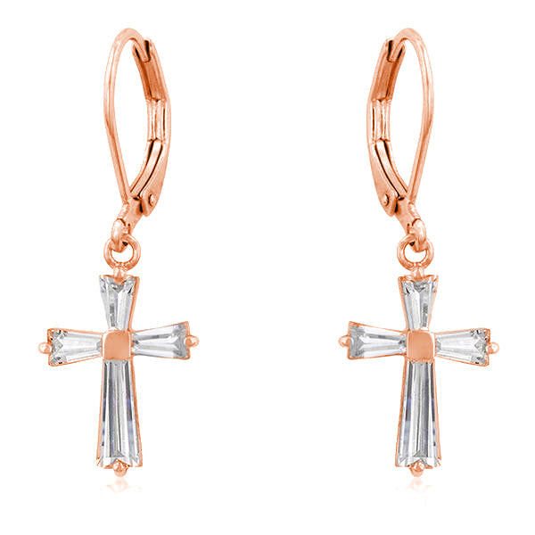 Rose Goldtone Baguette Cubic Zirconia Cross Leverback Earrings