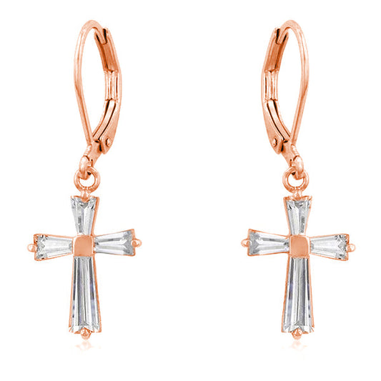 Rose Goldtone Baguette Cubic Zirconia Cross Leverback Earrings