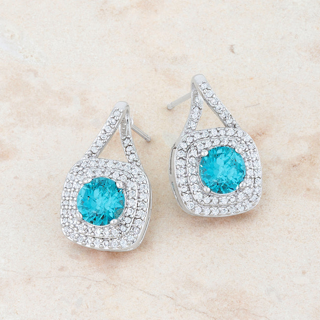 Precious Stars Silvertone Fancy Aqua Cubic Zirconia Fancy Halo Drop Earrings