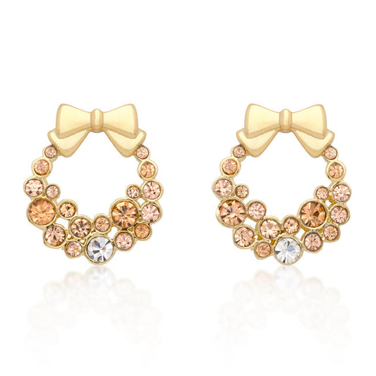 Goldtone Multicolor Crystal Wreath With Bow Holiday Earrings