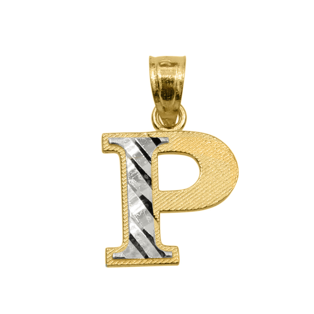 Genuine 14k Two-tone Gold 0.59" Diamond-cut Initial Block Letter 'P' Pendant For Men or Women - Gold Block Letter Charm