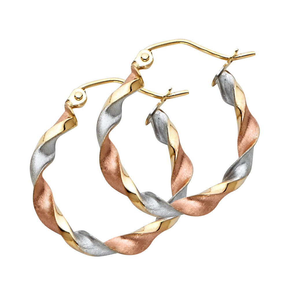 Genuine 14K Tri-tone Gold Twisted Hoop Earrings For Women - 20mm Diameter