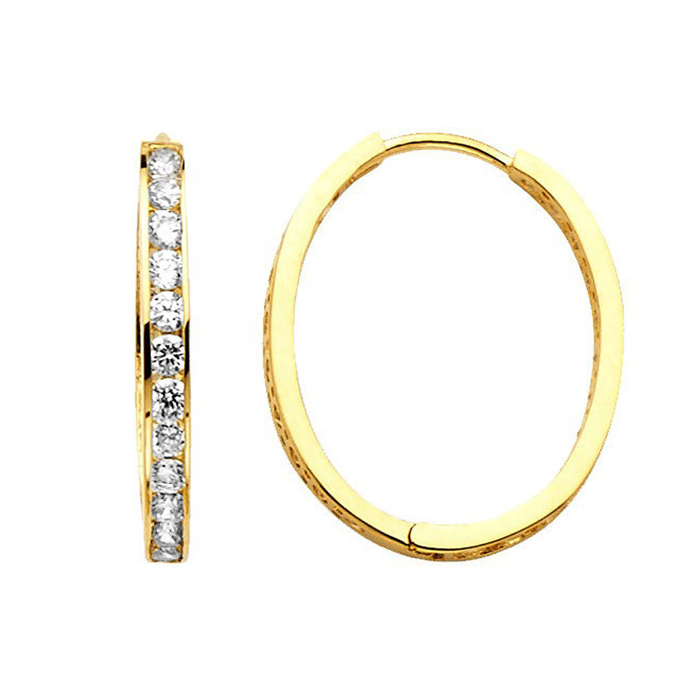 Genuine 14K Yellow Gold Cubic Zirconia CZ Oval Hoop Earrings for Women - 15mm Diameter