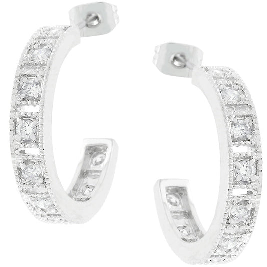 Precious Stars Silvertone 2 mm Round-Cut Cubic Zirconia Semi-Hoop Earrings