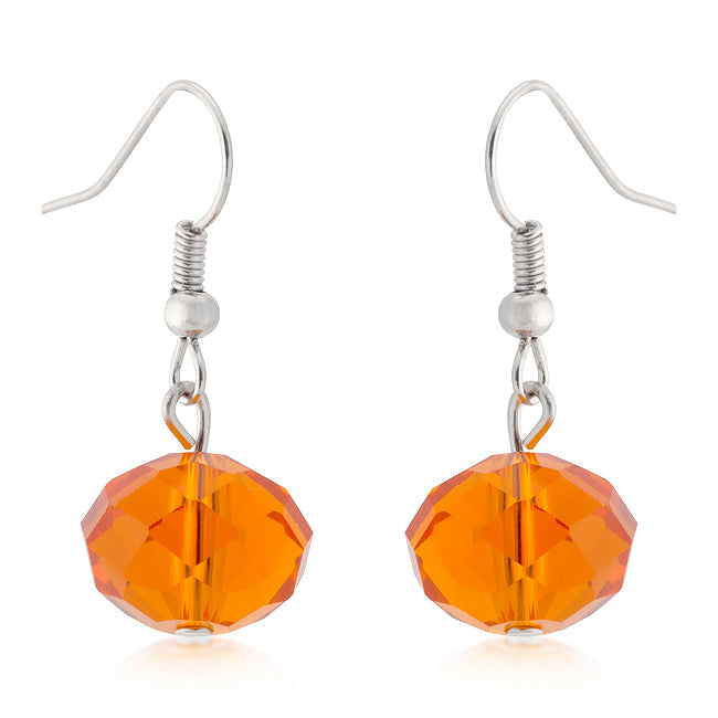 Silvertone Round Orange Faceted Crystal Dangling Earrings