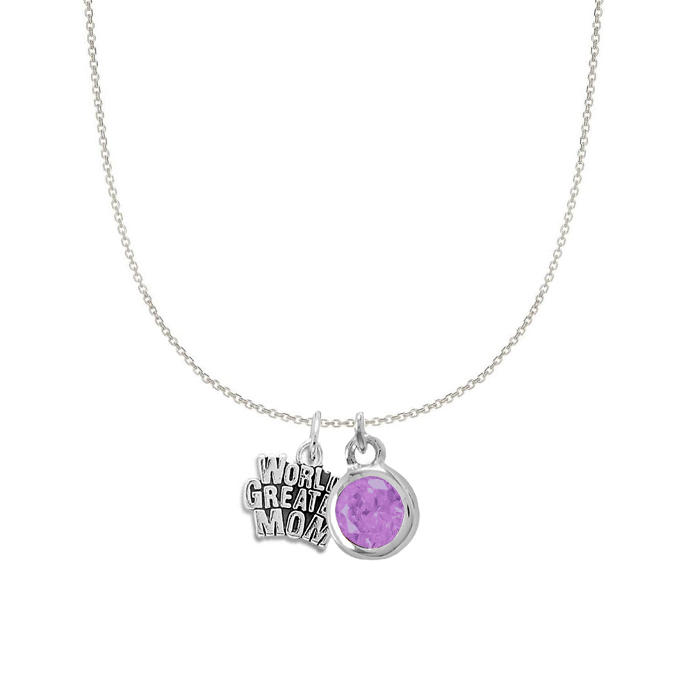 Sterling Silver World's Greatest Mom and February Birsthstone Charm Necklace