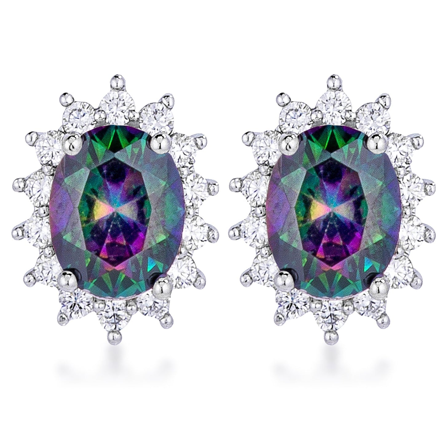 Silvertone Aurora Borealis Cubic Zirconia Oval Royal Earrings