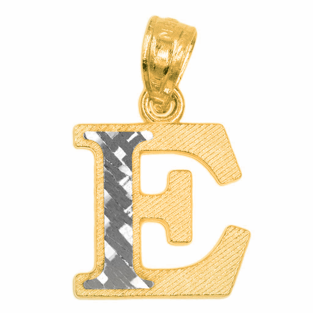 Genuine 14k Two-tone Gold 0.59" Diamond-cut Initial Block Letter 'E' Pendant For Men or Women - Gold Block Letter Charm