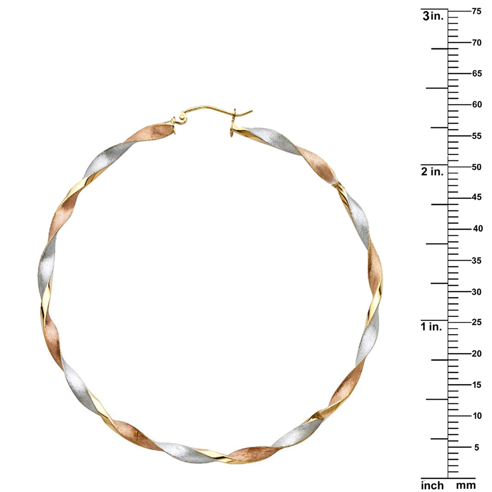 Genuine 14K Tri-tone Gold Large Twisted Hoop Earrings For Women - 55mm Diameter