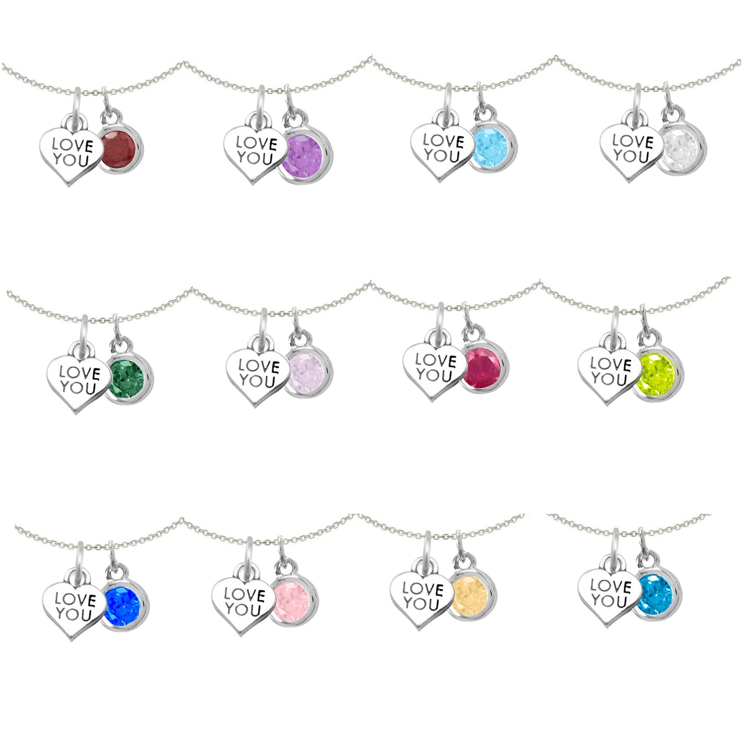 Sterling Silver 'Love You' and Birthstone Charm Necklace