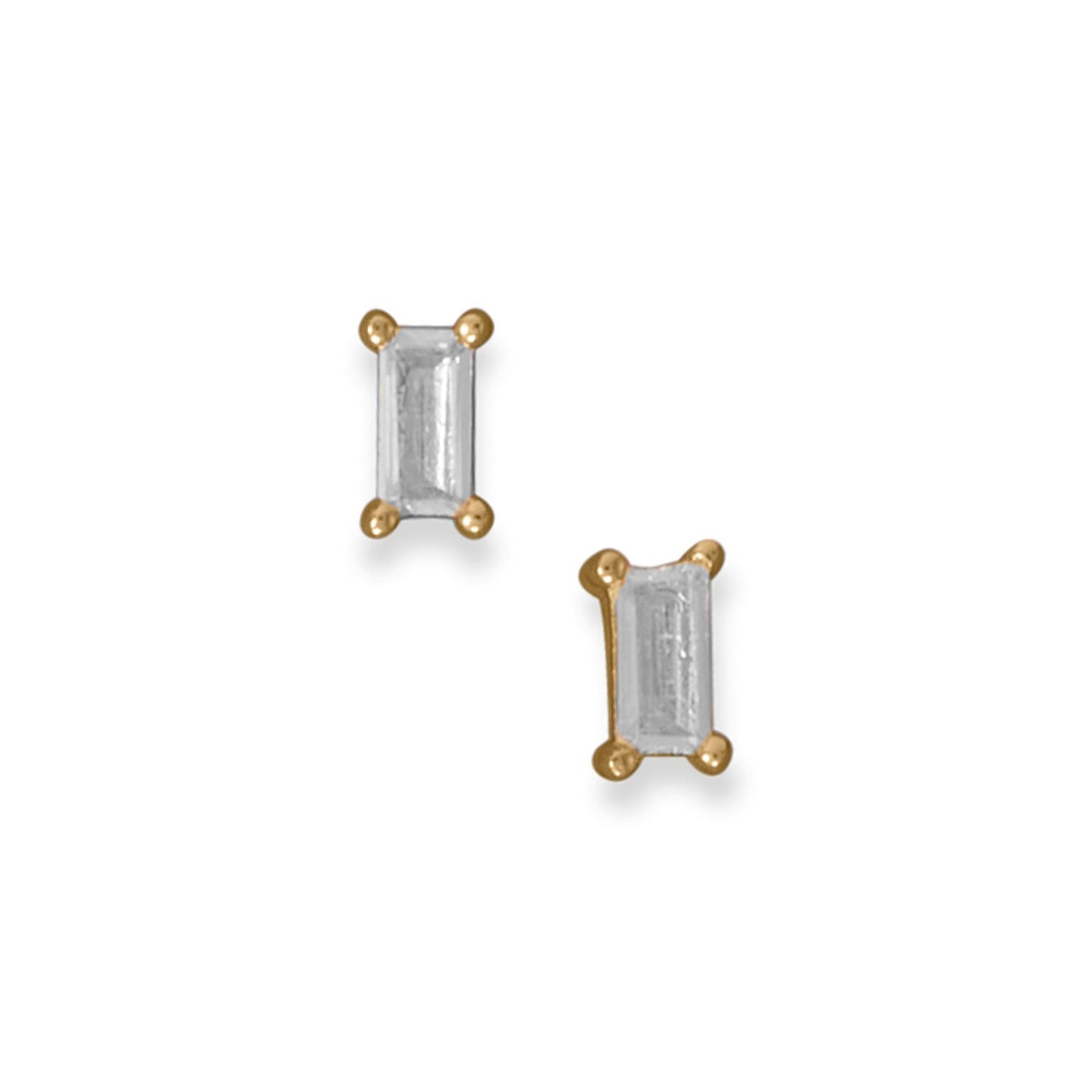 14k Gold Plated Sterling Silver Clear Baguette Cubic Zirconia Stud Earrings