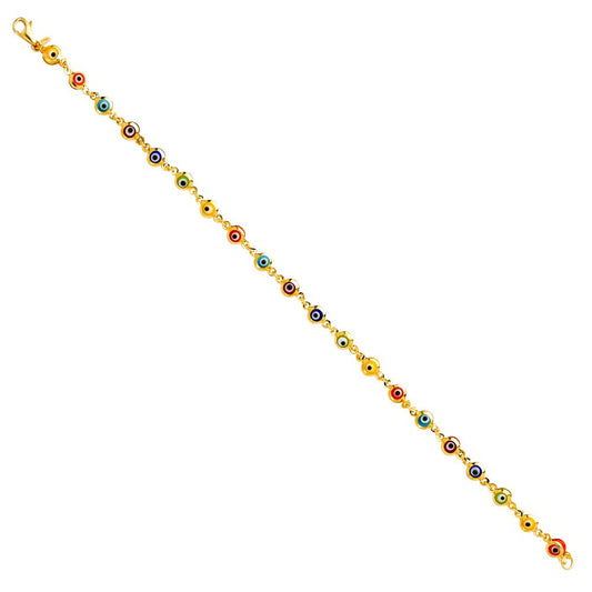 Genuine 14k Yellow Gold 4-mm Multi-color Enamel Evil Eye 7" Women's Bracelet