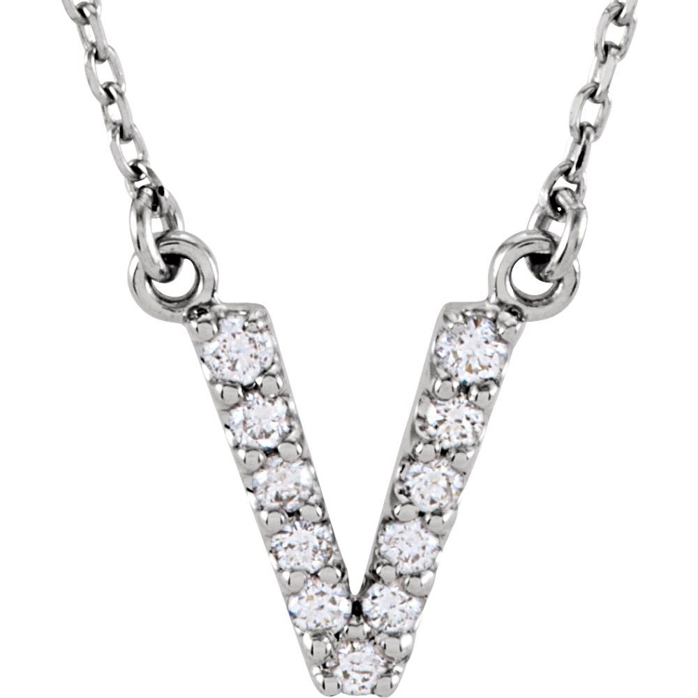 Genuine 14k White Gold 1/8ct Diamond 0.44" Letter V Pendant 16" Initial Necklace