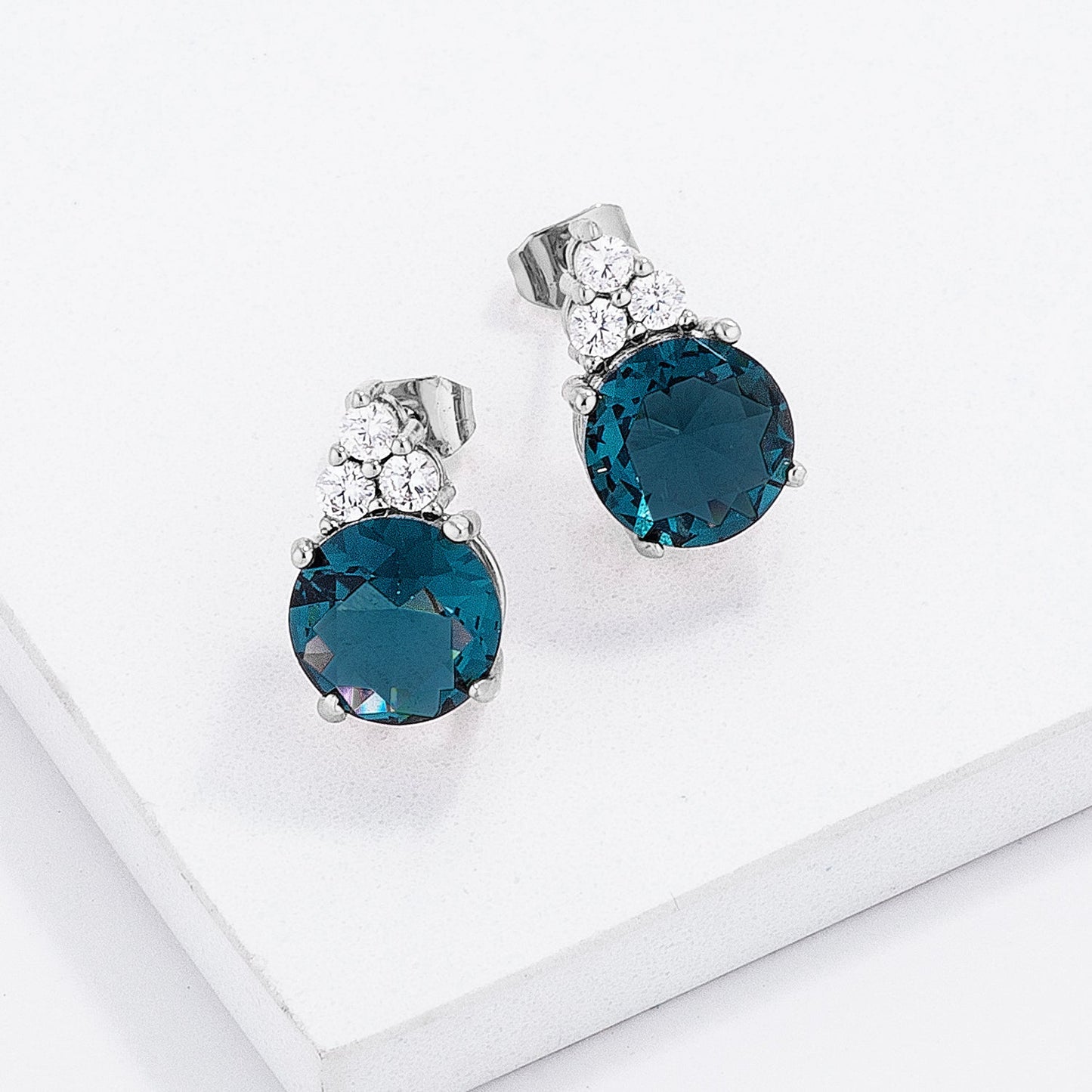 Silvertone Blue-Green Cubic Zirconia Round Cluster Drop Earrings